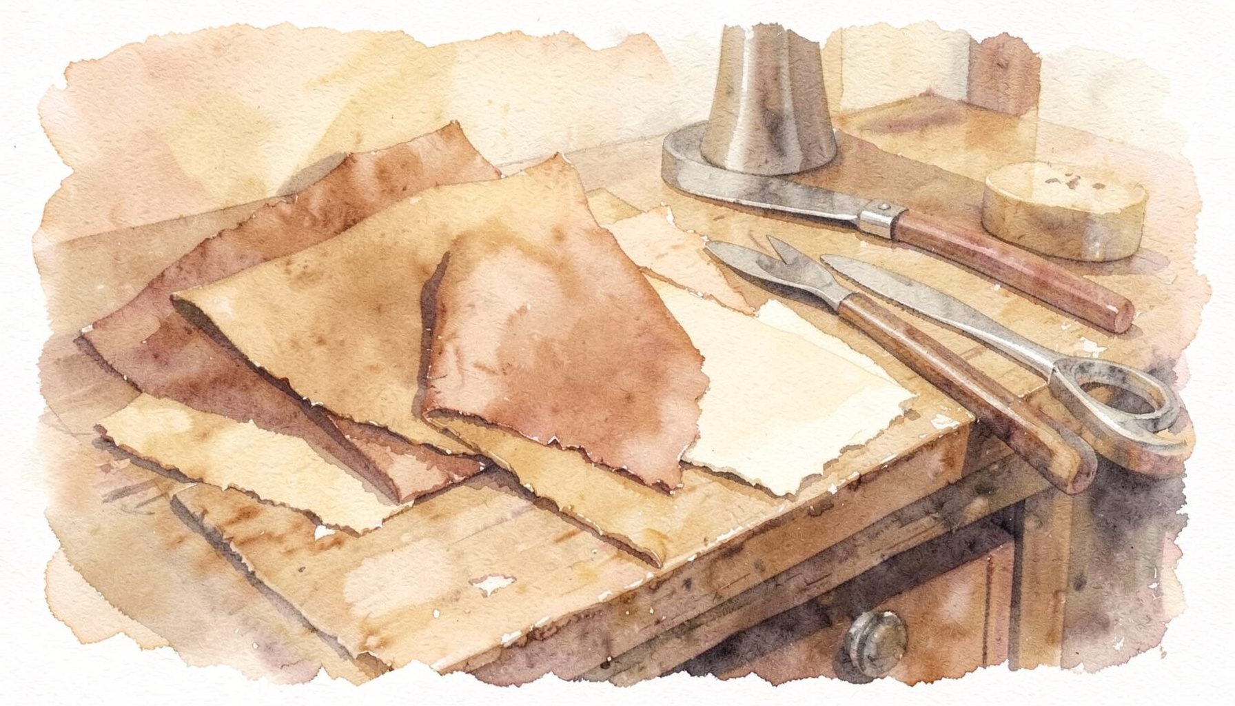 Soft watercolour of a shoemaker's workbench with leather swatches in tan, brown and cream alongside simple tools, warm workshop mood